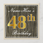 [ Thumbnail: Elegant, Faux Wood, Faux Gold 48th Birthday + Name Invitation ]