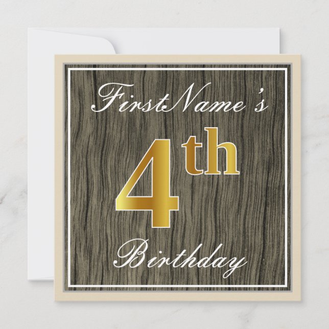Elegant, Faux Wood, Faux Gold 4th Birthday + Name Invitation (Front)