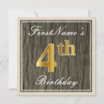 [ Thumbnail: Elegant, Faux Wood, Faux Gold 4th Birthday + Name Invitation ]