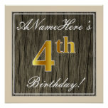 [ Thumbnail: Elegant, Faux Wood, Faux Gold 4th Birthday + Name Poster ]