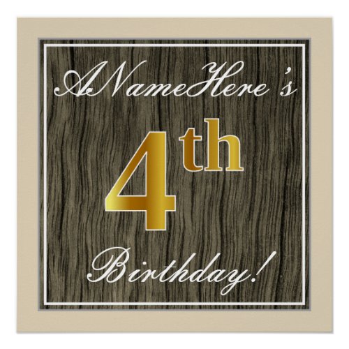 Elegant Faux Wood Faux Gold 4th Birthday  Name Poster