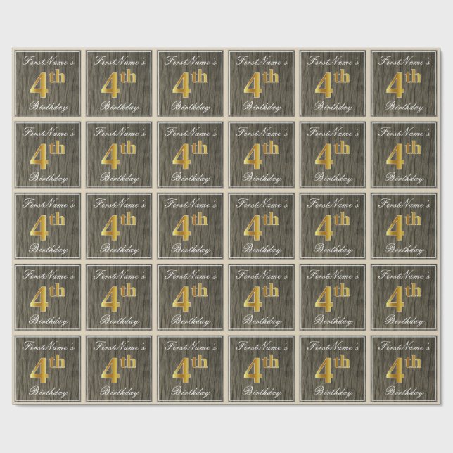 Elegant, Faux Wood, Faux Gold 4th Birthday + Name Wrapping Paper (Flat)