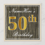[ Thumbnail: Elegant, Faux Wood, Faux Gold 50th Birthday + Name Invitation ]