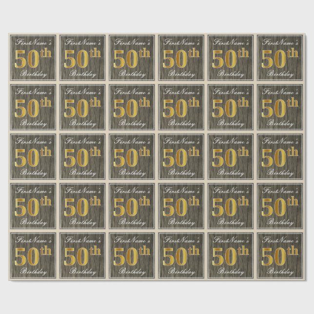 Elegant, Faux Wood, Faux Gold 50th Birthday + Name Wrapping Paper (Flat)