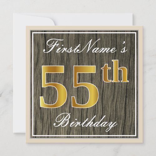 Elegant Faux Wood Faux Gold 55th Birthday  Name Invitation
