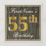 [ Thumbnail: Elegant, Faux Wood, Faux Gold 55th Birthday + Name Invitation ]
