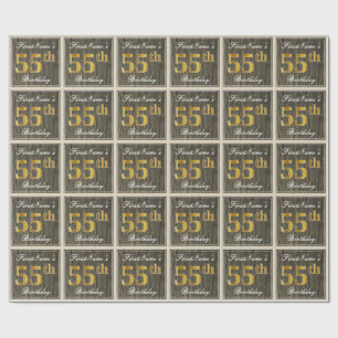 Elegant, Faux Wood, Faux Gold 55th Birthday + Name Wrapping Paper