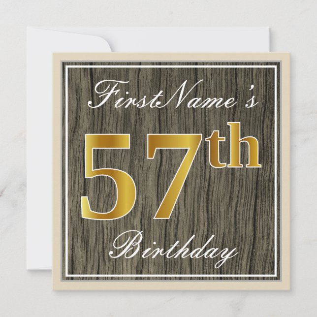 Elegant, Faux Wood, Faux Gold 57th Birthday + Name Invitation (Front)