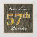 [ Thumbnail: Elegant, Faux Wood, Faux Gold 57th Birthday + Name Invitation ]