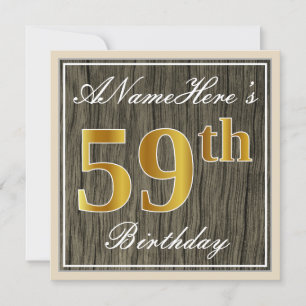 Elegant, Faux Wood, Faux Gold 59th Birthday + Name Invitation