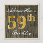 [ Thumbnail: Elegant, Faux Wood, Faux Gold 59th Birthday + Name Invitation ]