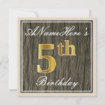 [ Thumbnail: Elegant, Faux Wood, Faux Gold 5th Birthday + Name Invitation ]