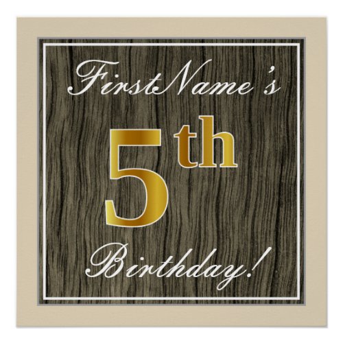 Elegant Faux Wood Faux Gold 5th Birthday  Name Poster