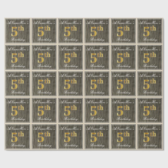 Elegant, Faux Wood, Faux Gold 5th Birthday + Name Wrapping Paper (Flat)