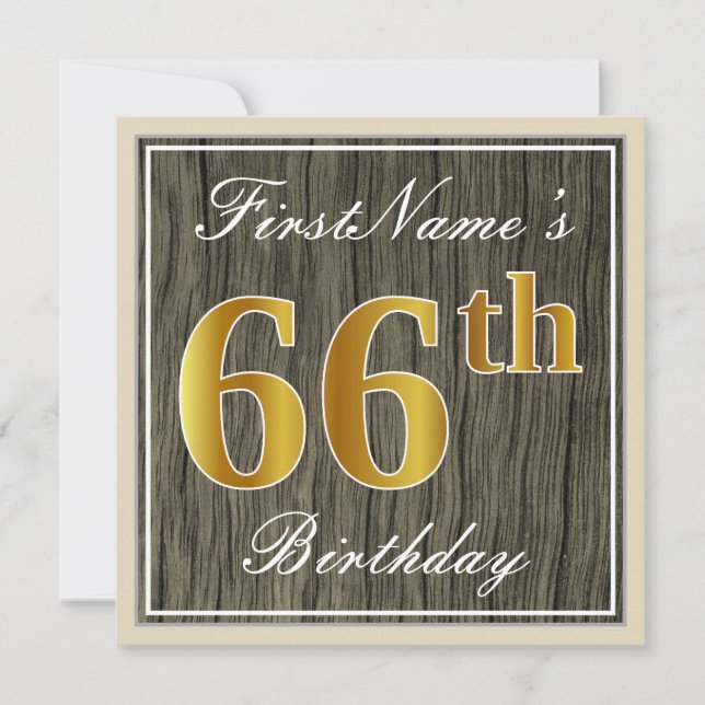 Elegant, Faux Wood, Faux Gold 66th Birthday + Name Invitation (Front)