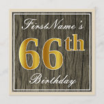 [ Thumbnail: Elegant, Faux Wood, Faux Gold 66th Birthday + Name Invitation ]