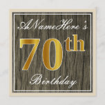 [ Thumbnail: Elegant, Faux Wood, Faux Gold 70th Birthday + Name Invitation ]