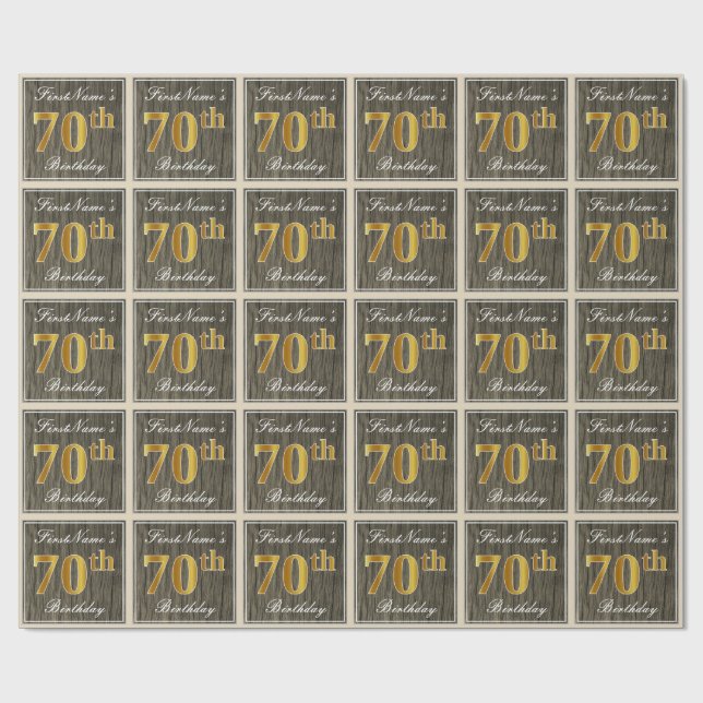 Elegant, Faux Wood, Faux Gold 70th Birthday + Name Wrapping Paper (Flat)