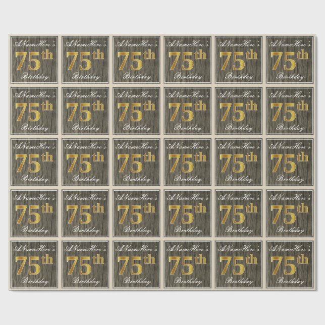 Elegant, Faux Wood, Faux Gold 75th Birthday + Name Wrapping Paper (Flat)