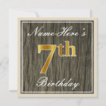 [ Thumbnail: Elegant, Faux Wood, Faux Gold 7th Birthday + Name Invitation ]