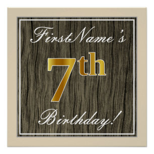 Elegant, Faux Wood, Faux Gold 7th Birthday + Name Poster