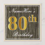 [ Thumbnail: Elegant, Faux Wood, Faux Gold 80th Birthday + Name Invitation ]