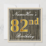[ Thumbnail: Elegant, Faux Wood, Faux Gold 82nd Birthday + Name Invitation ]