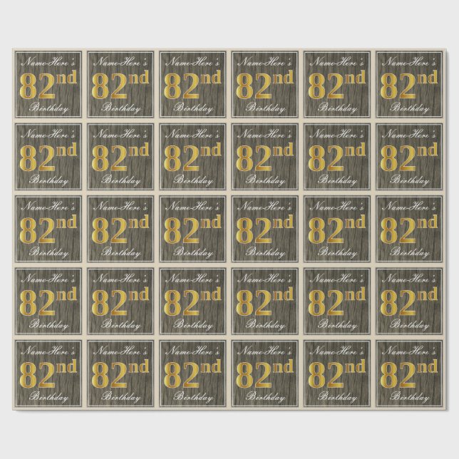 Elegant, Faux Wood, Faux Gold 82nd Birthday + Name Wrapping Paper (Flat)
