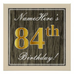 [ Thumbnail: Elegant, Faux Wood, Faux Gold 84th Birthday + Name Poster ]
