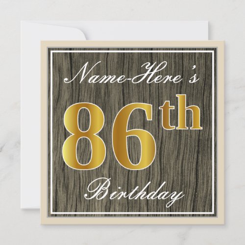 Elegant Faux Wood Faux Gold 86th Birthday  Name Invitation