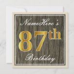 [ Thumbnail: Elegant, Faux Wood, Faux Gold 87th Birthday + Name Invitation ]