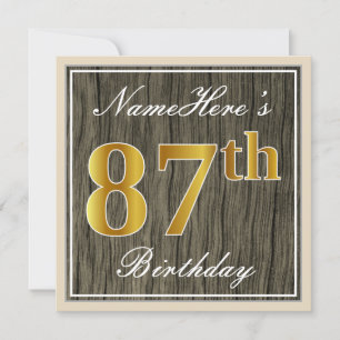 Elegant, Faux Wood, Faux Gold 87th Birthday + Name Invitation