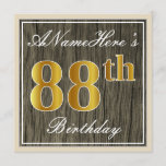 [ Thumbnail: Elegant, Faux Wood, Faux Gold 88th Birthday + Name Invitation ]