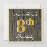 [ Thumbnail: Elegant, Faux Wood, Faux Gold 8th Birthday + Name Invitation ]