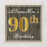 [ Thumbnail: Elegant, Faux Wood, Faux Gold 90th Birthday + Name Invitation ]
