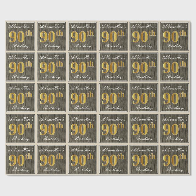 Elegant, Faux Wood, Faux Gold 90th Birthday + Name Wrapping Paper (Flat)