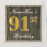 [ Thumbnail: Elegant, Faux Wood, Faux Gold 91st Birthday + Name Invitation ]