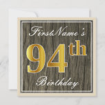 [ Thumbnail: Elegant, Faux Wood, Faux Gold 94th Birthday + Name Invitation ]