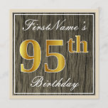 [ Thumbnail: Elegant, Faux Wood, Faux Gold 95th Birthday + Name Invitation ]