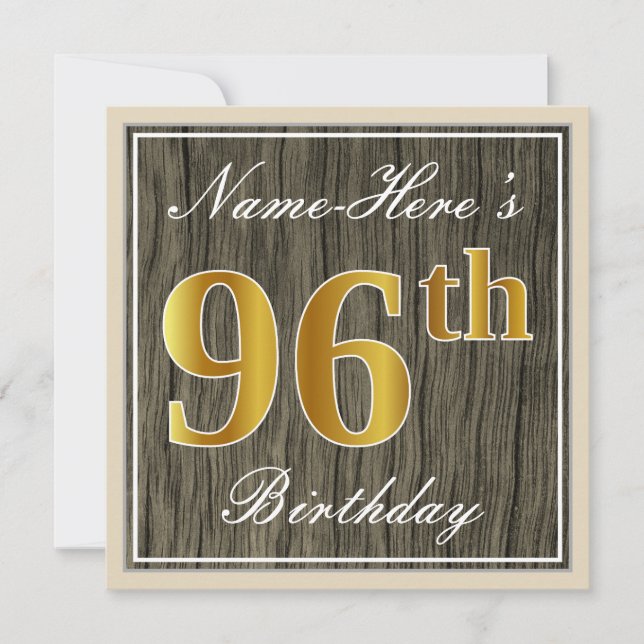 Elegant, Faux Wood, Faux Gold 96th Birthday + Name Invitation (Front)