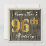 [ Thumbnail: Elegant, Faux Wood, Faux Gold 96th Birthday + Name Invitation ]