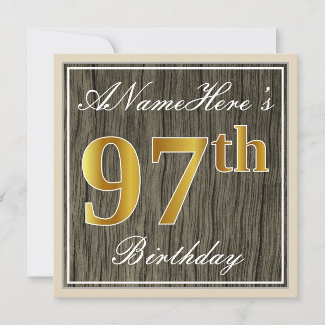 Elegant, Faux Wood, Faux Gold 97th Birthday + Name Invitation (Front)