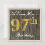 [ Thumbnail: Elegant, Faux Wood, Faux Gold 97th Birthday + Name Invitation ]