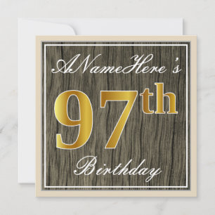 Elegant, Faux Wood, Faux Gold 97th Birthday + Name Invitation