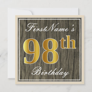 Elegant, Faux Wood, Faux Gold 98th Birthday + Name Invitation