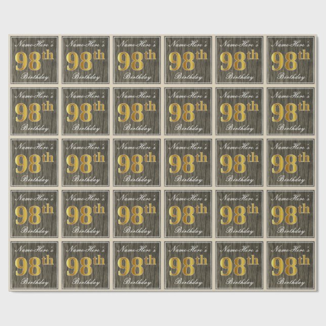 Elegant, Faux Wood, Faux Gold 98th Birthday + Name Wrapping Paper (Flat)