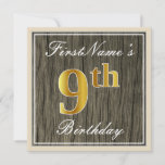 [ Thumbnail: Elegant, Faux Wood, Faux Gold 9th Birthday + Name Invitation ]