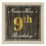 [ Thumbnail: Elegant, Faux Wood, Faux Gold 9th Birthday + Name Poster ]