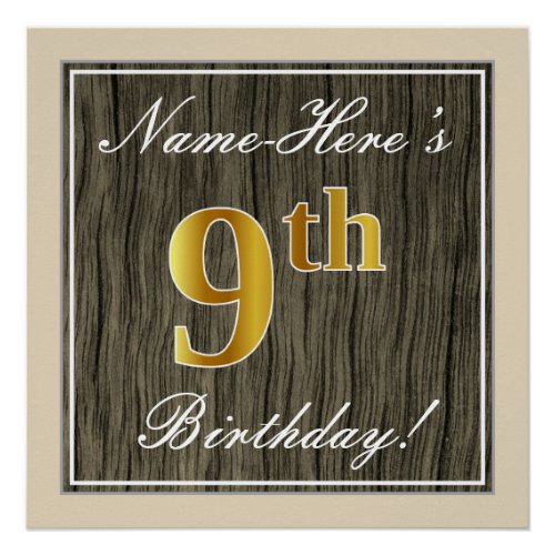 Elegant Faux Wood Faux Gold 9th Birthday  Name Poster