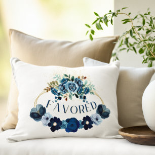 Elegant FAVORED Inspiration Blue Floral Watercolor Accent Pillow
